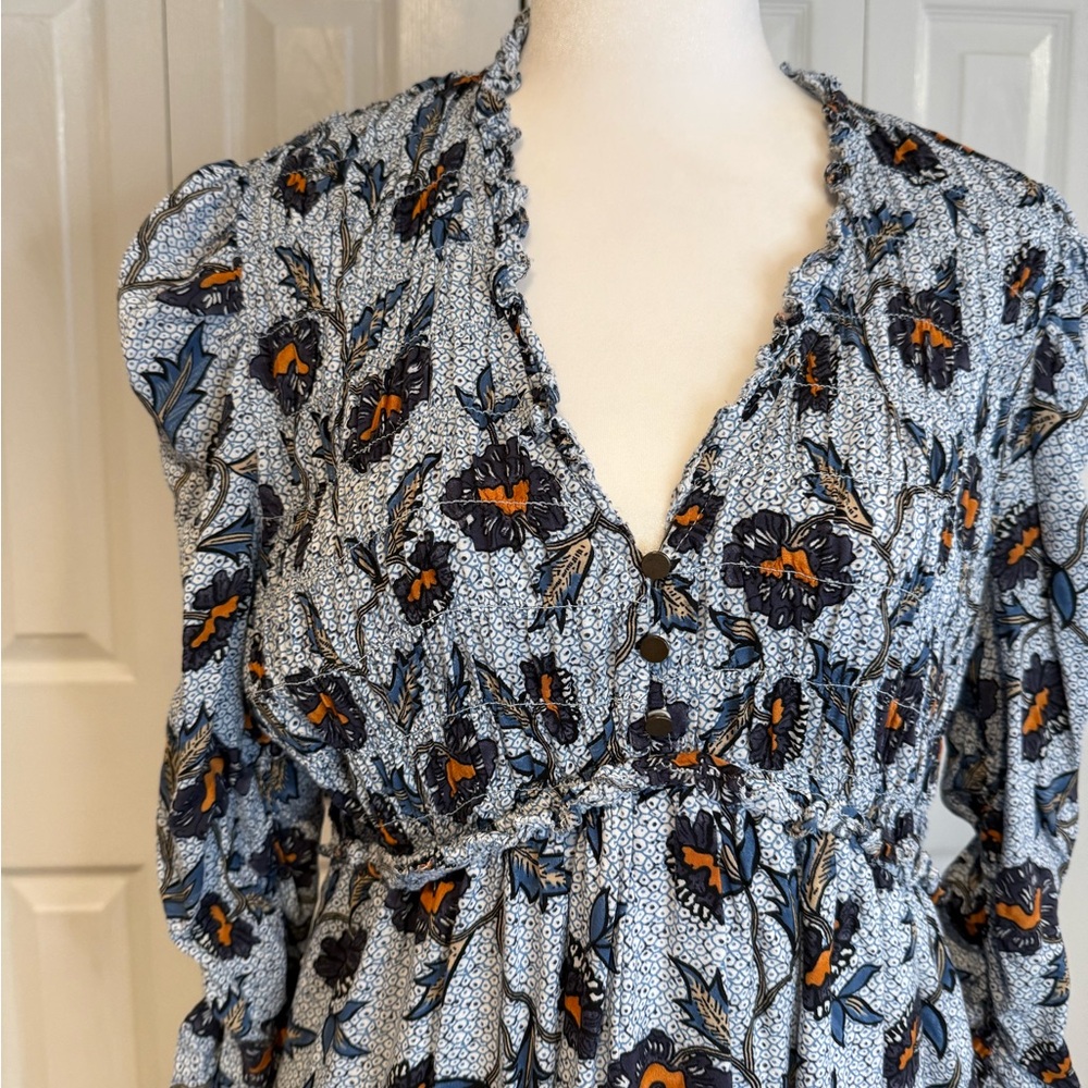 Anthropologie Blue Floral Smocked Mini Dress, Size L Worn on TV - Picture 11 of 16